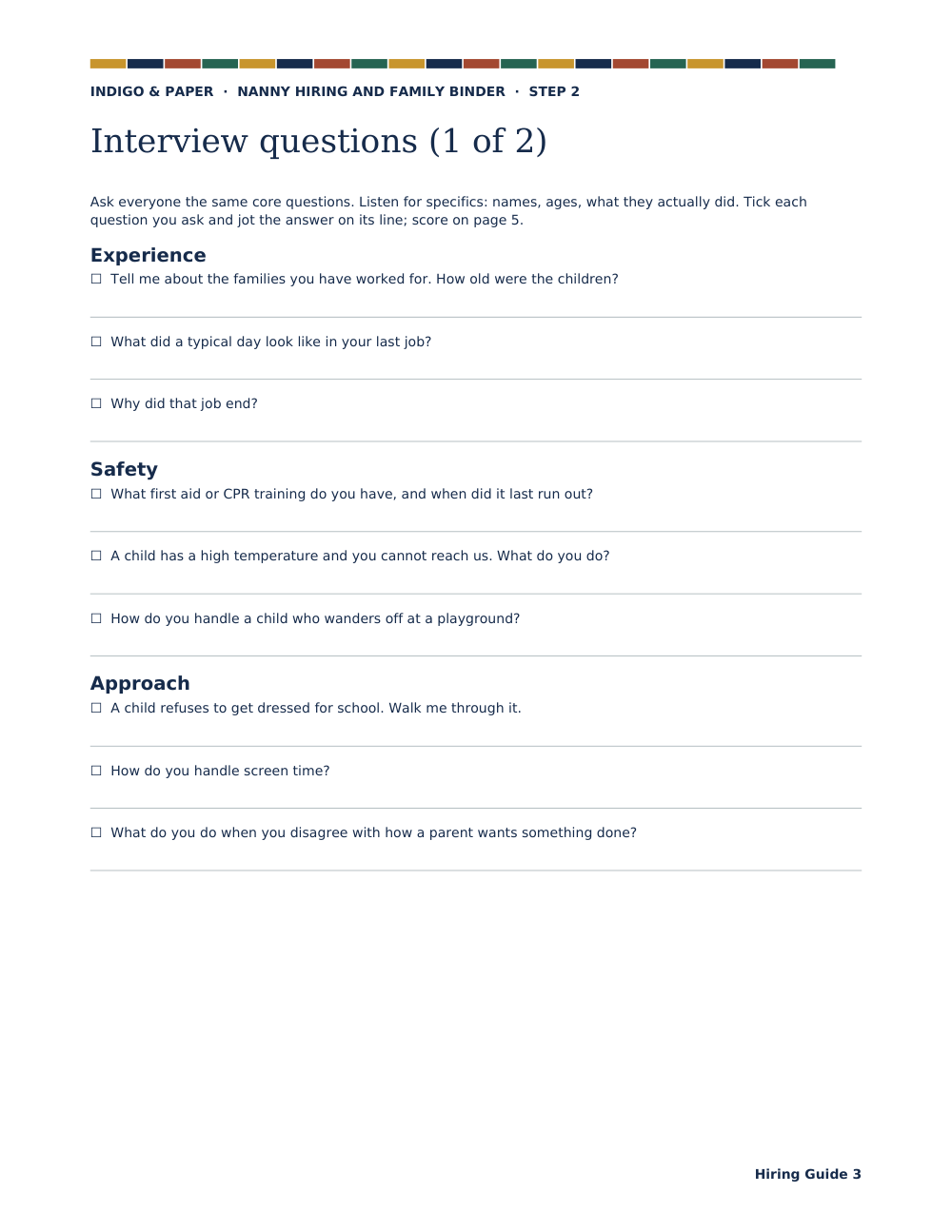 Nanny Hiring and Family Binder: Hiring guide page 3 of 9: interview questions, each with a line for notes.