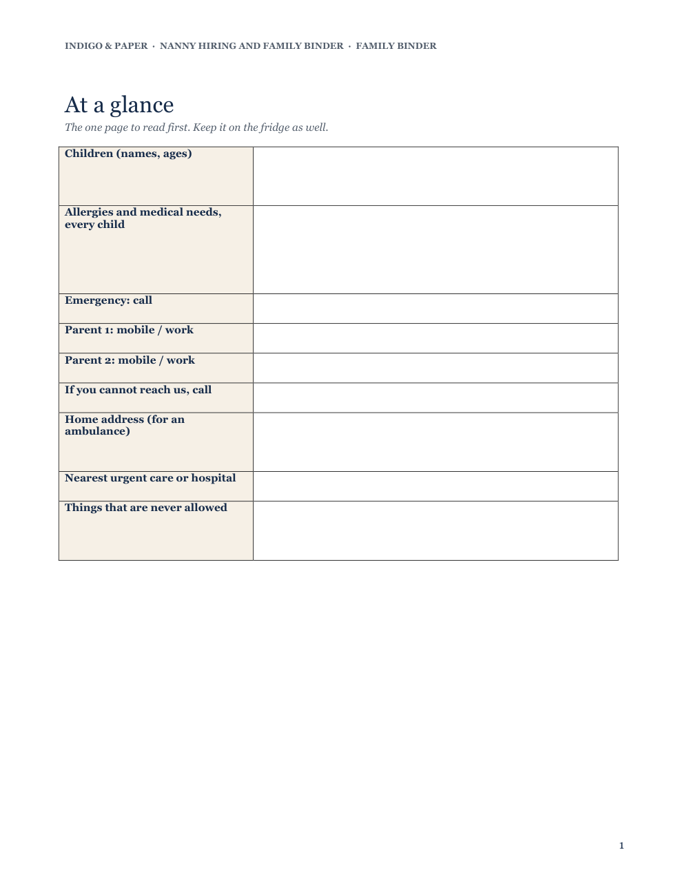 Nanny Hiring and Family Binder: Family binder page 1 of 10: the at-a-glance page.