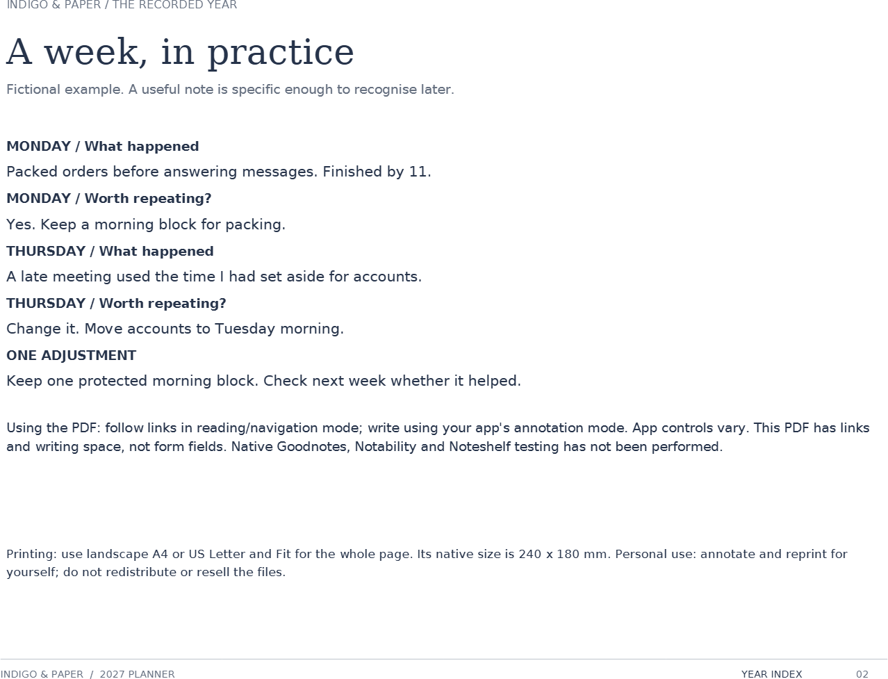 The 2027 Planner: Page 2 of 68: "A week, in practice", the filled-in fictional example.