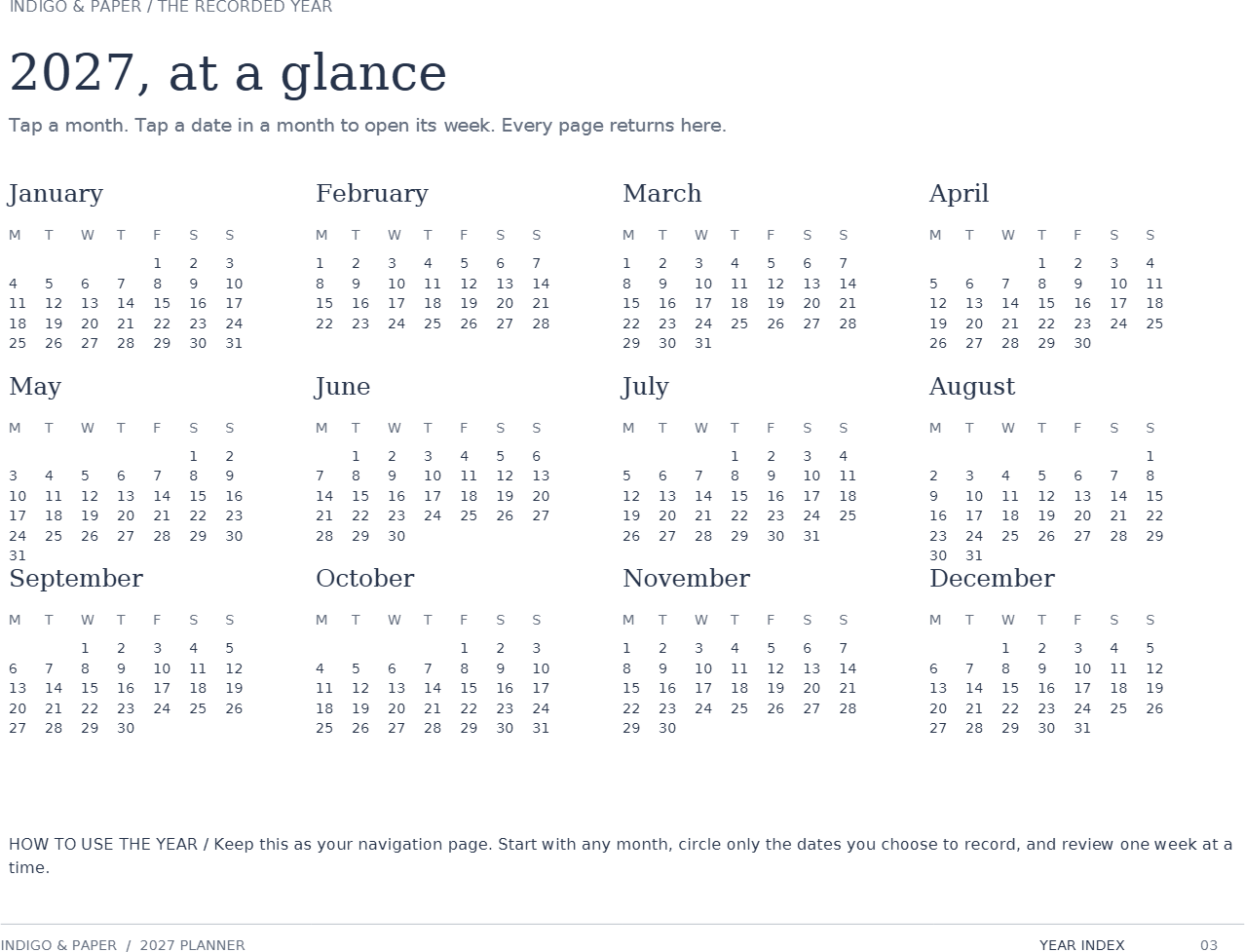 The 2027 Planner: Page 3 of 68: the year at a glance. Tap a month to open it.
