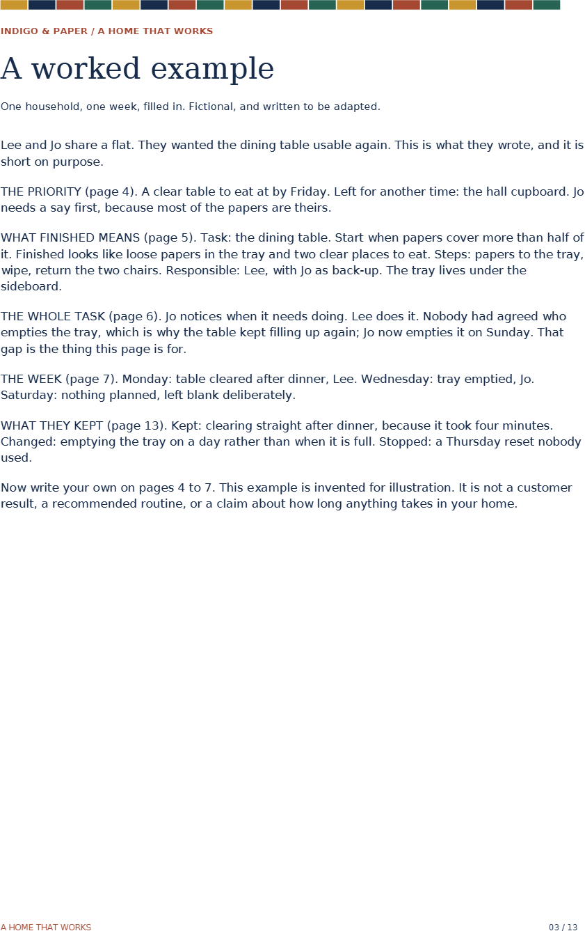 The Household Set: A Home That Works, page 3 of 13 (A4): the worked example each kit opens with.
