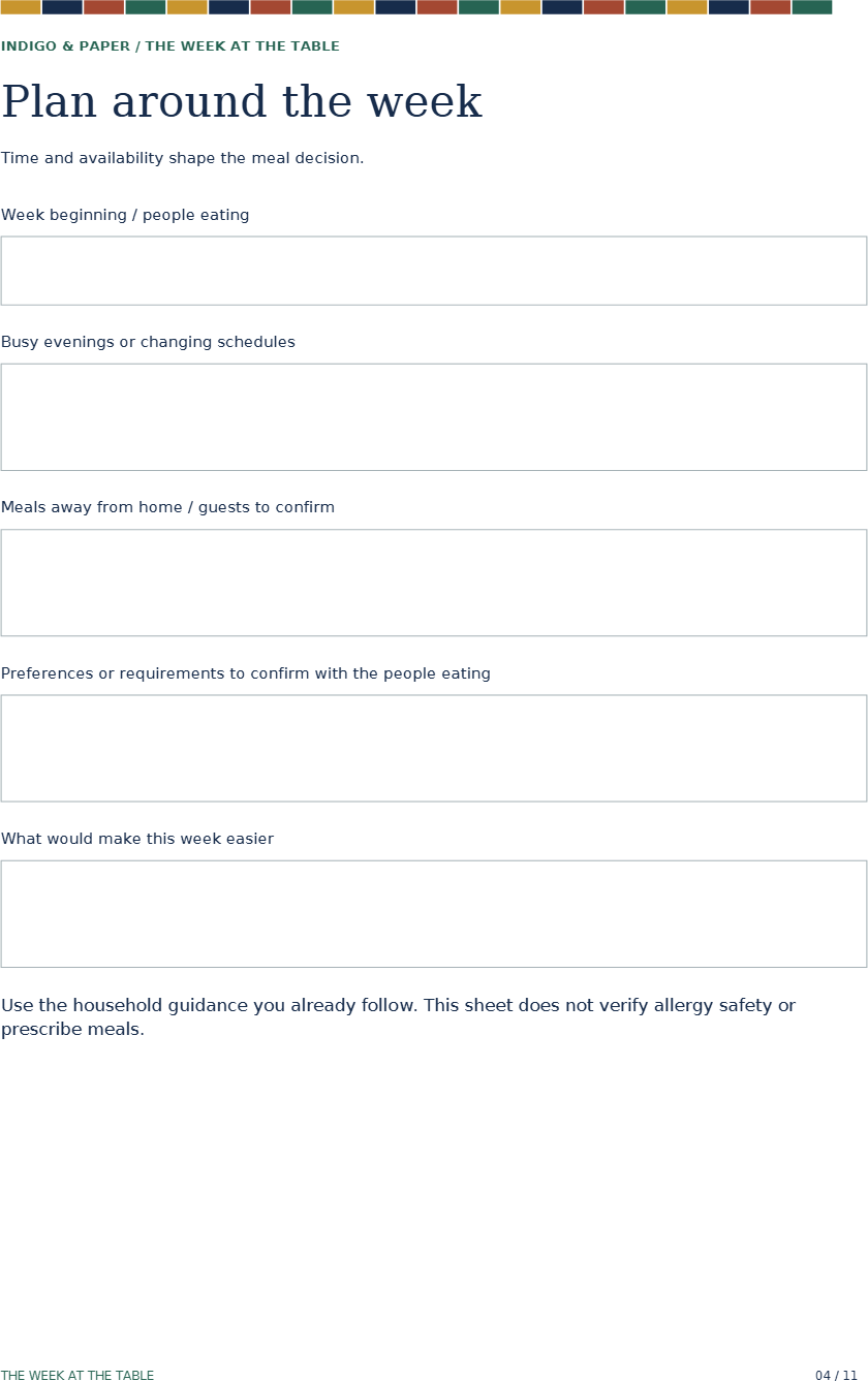 The Household Set: The Week at the Table, page 4 of 11 (A4): planning meals around the week you have.