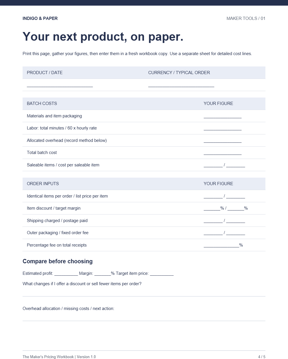 The Maker's Pricing Workbook: Guide page 4 of 5: the printable worksheet. The spreadsheet itself is not pictured.