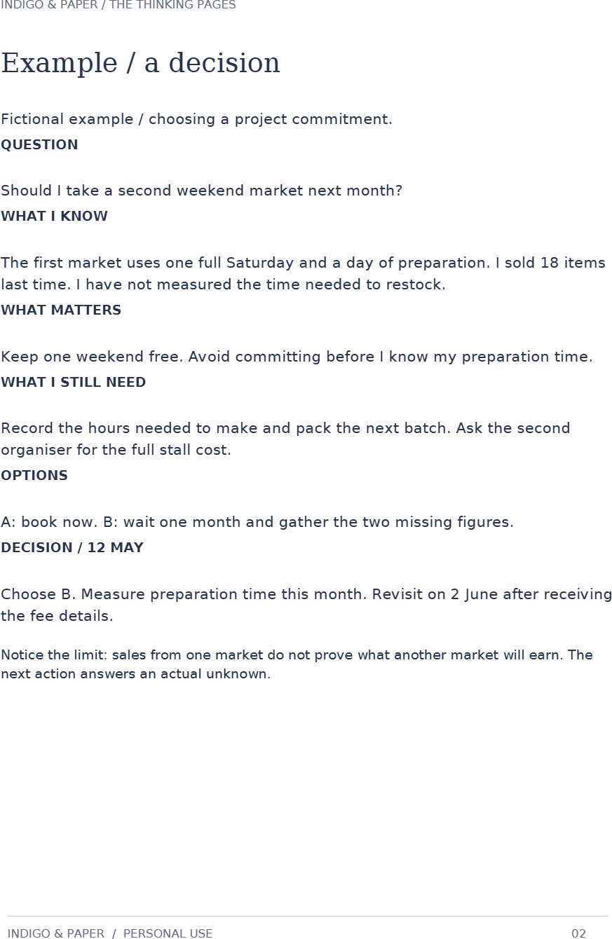 The Thinking Pages: Page 2 of 8 (A5 single): a worked example, one decision taken to a date.