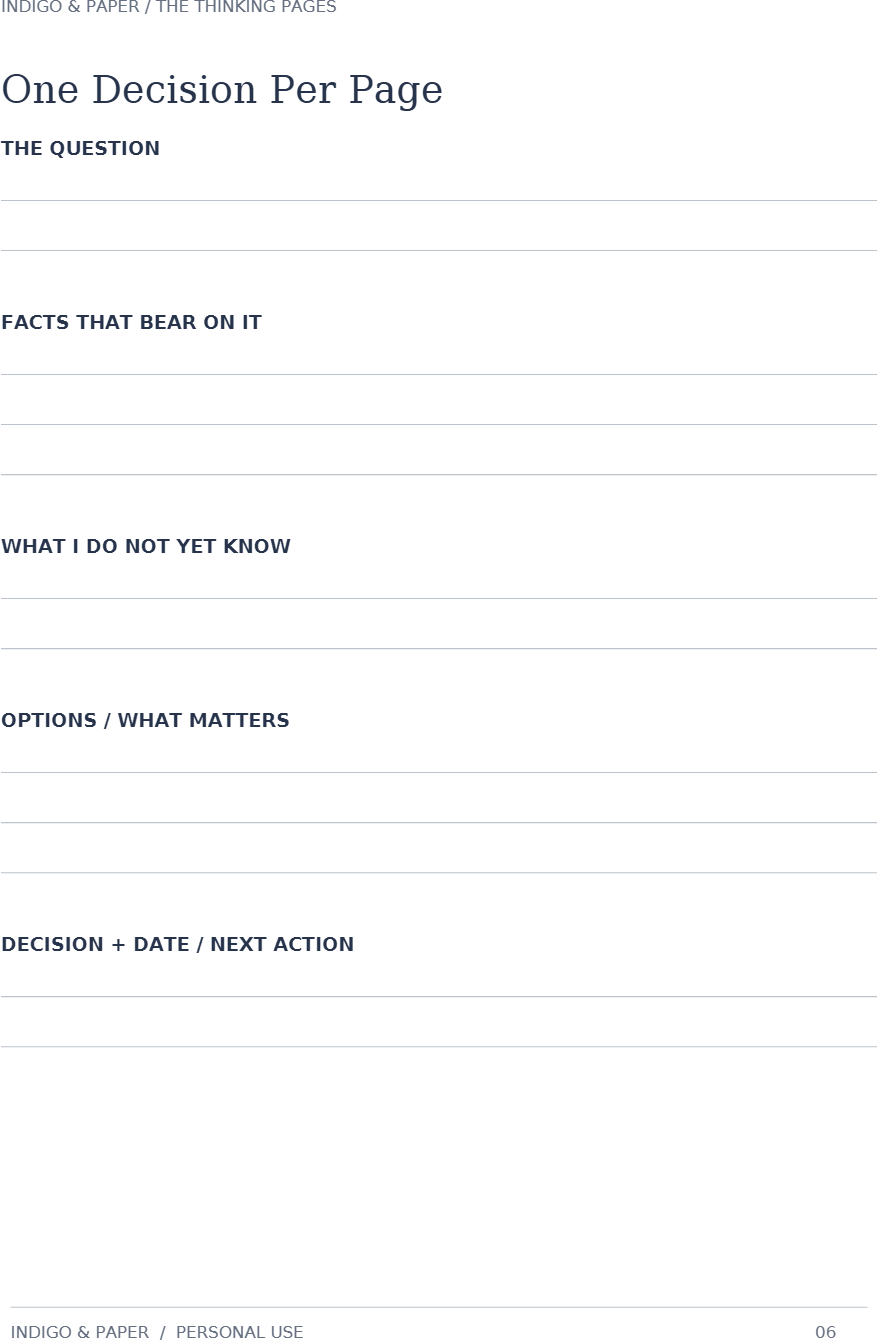 The Thinking Pages: Page 6 of 8 (A5 single): One Decision Per Page.