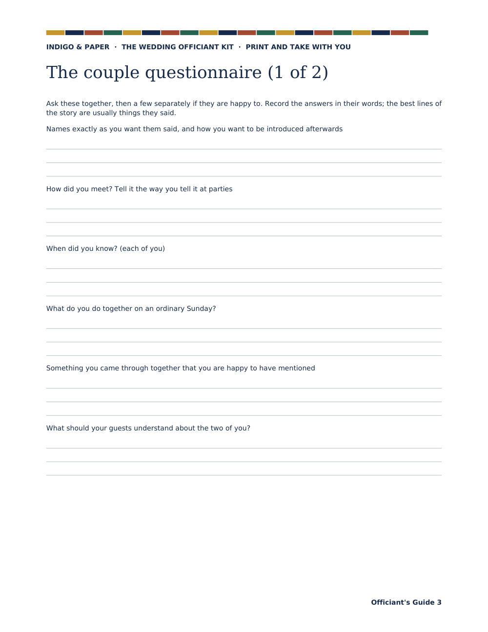 The Wedding Officiant Kit: Guide page 3 of 10: the couple questionnaire.