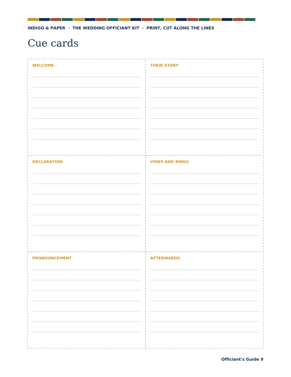 The Wedding Officiant Kit: Guide page 9 of 10: printable cue cards.